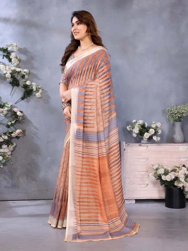 Brown_Linen_Cotton_Printed_Saree_For_Women
