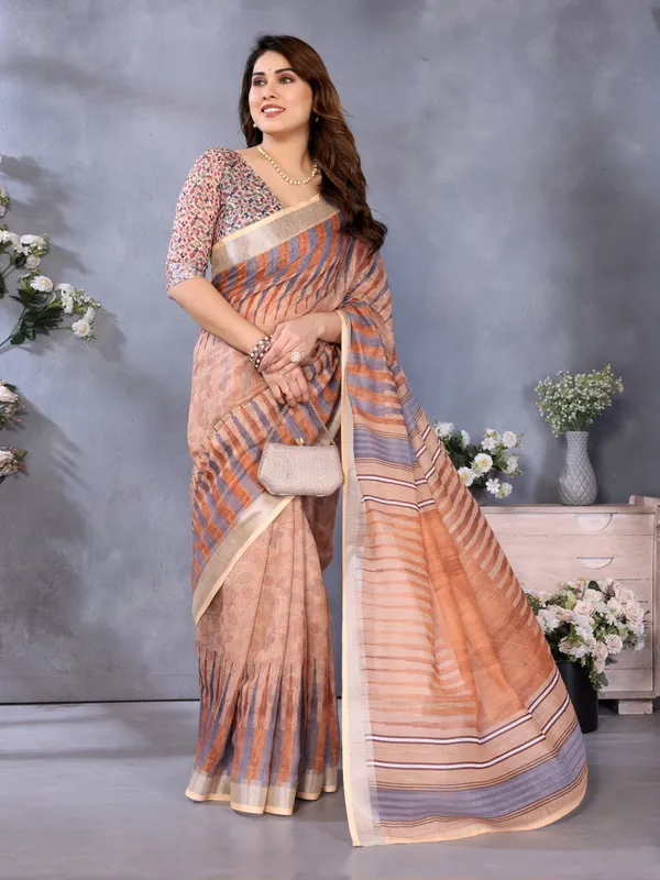 Brown_Linen_Cotton_Printed_Saree_For_Women