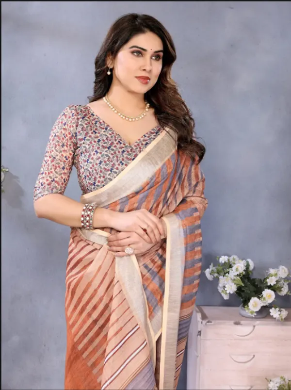 Brown_Linen_Cotton_Printed_Saree_For_Women