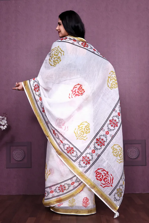 White_Handloom_Linen_Cotton_With_Gold_Zari_Border_Saree_For_Women