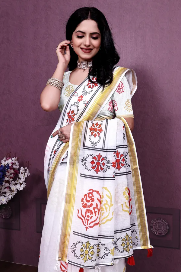 White_Handloom_Linen_Cotton_With_Gold_Zari_Border_Saree_For_Women