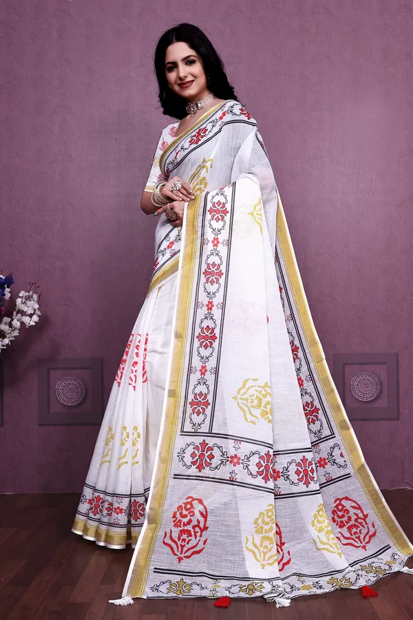 White_Handloom_Linen_Cotton_With_Gold_Zari_Border_Saree_For_Women