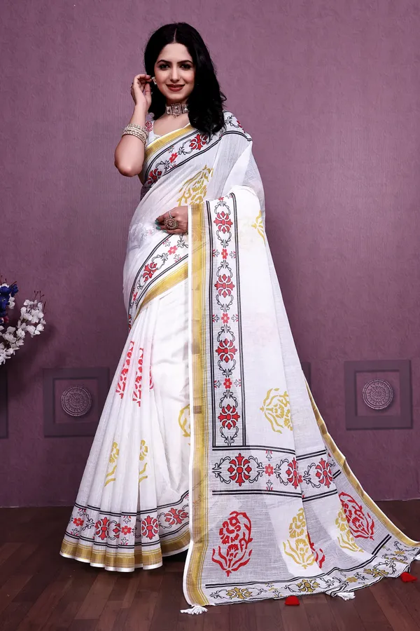 White_Handloom_Linen_Cotton_With_Gold_Zari_Border_Saree_For_Women