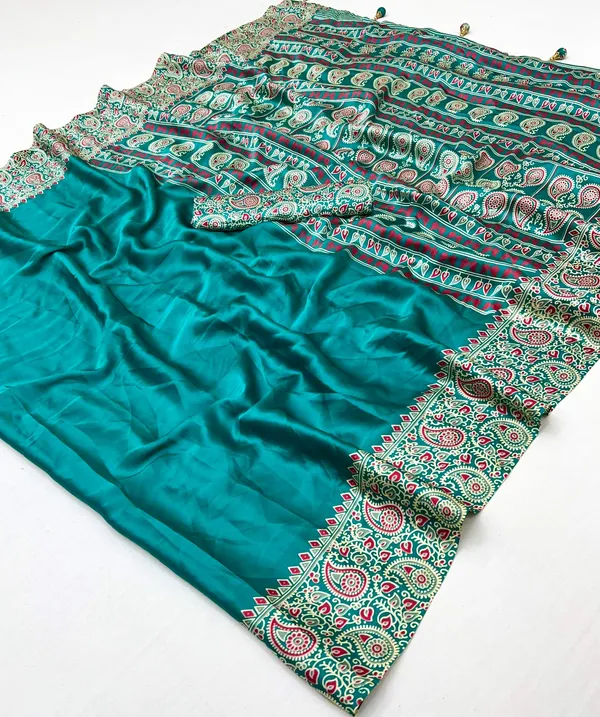 Teal_Green_With_Ajrakh_Pallu_Modal_Silk_Sarees