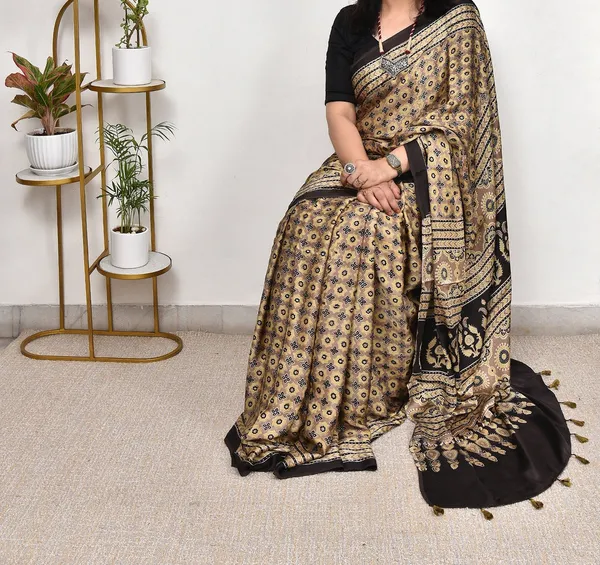 Yellow_And_Dark_Cream_Ajrakh_Modal_Silk_Saree