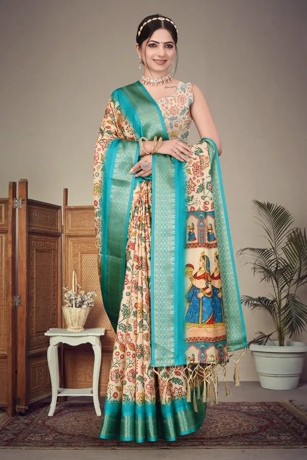 Cream_Cotton_Silk_Digital_Print_&_Jacquard_Border_With_Fancy_Latkan_Saree_For_Women