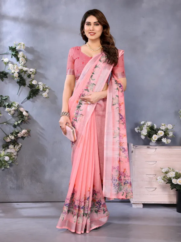 Peach_Linen_Cotton_Printed_Saree_For_Women
