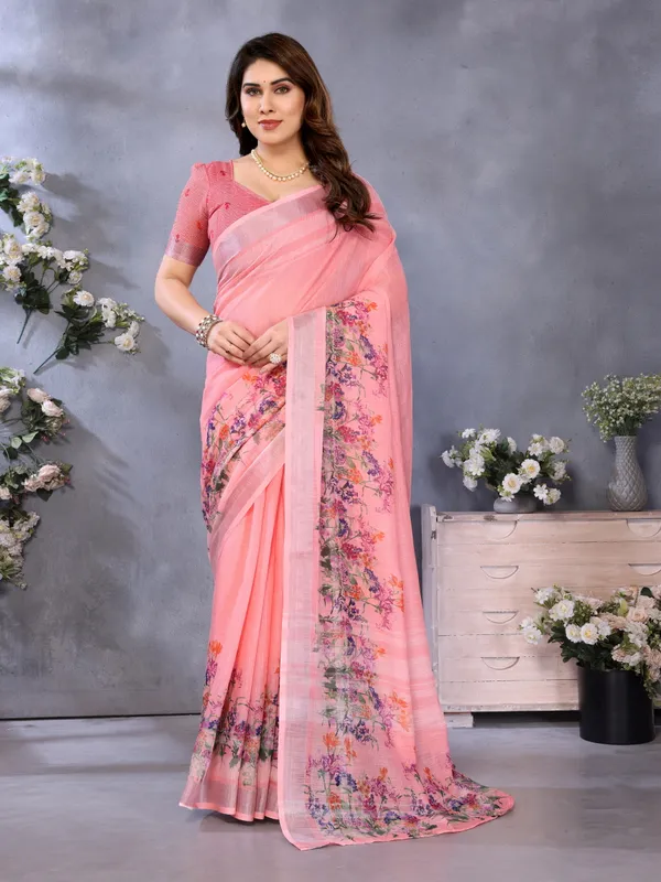 Peach_Linen_Cotton_Printed_Saree_For_Women