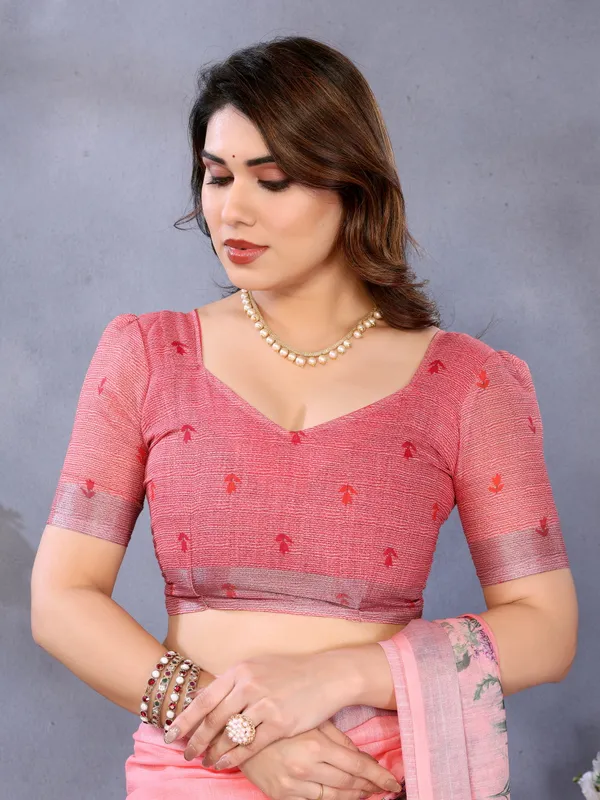 Peach_Linen_Cotton_Printed_Saree_For_Women