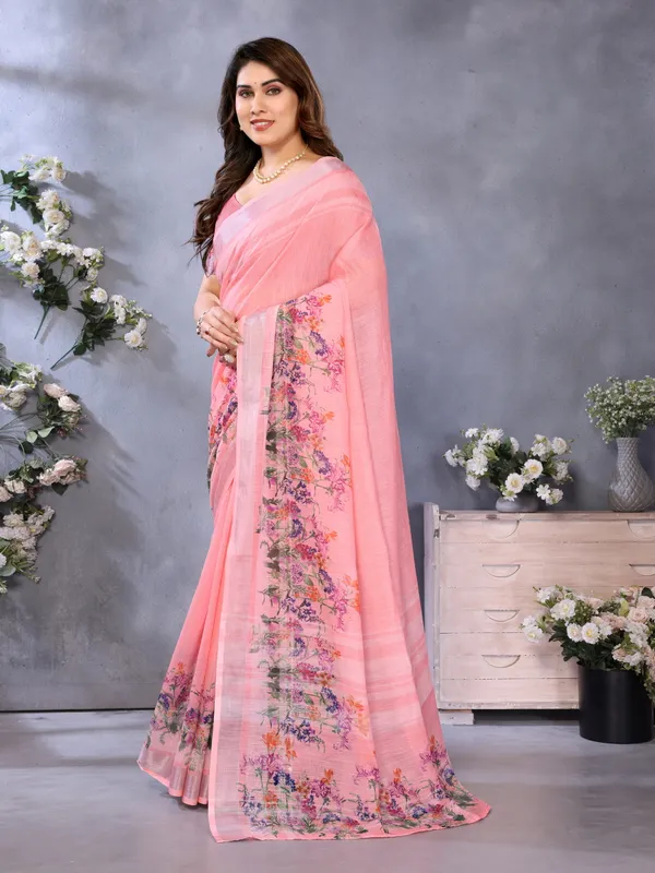 Peach_Linen_Cotton_Printed_Saree_For_Women