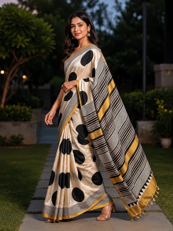 Ajrakh_Cream_And_Yellow__Silk_Saree