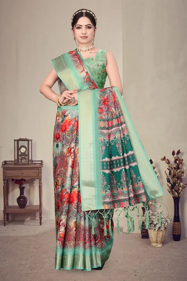Mint_Green_Cotton_Silk_Digital_Print_&_Jacquard_Border_With_Fancy_Latkan_Saree_For_Women