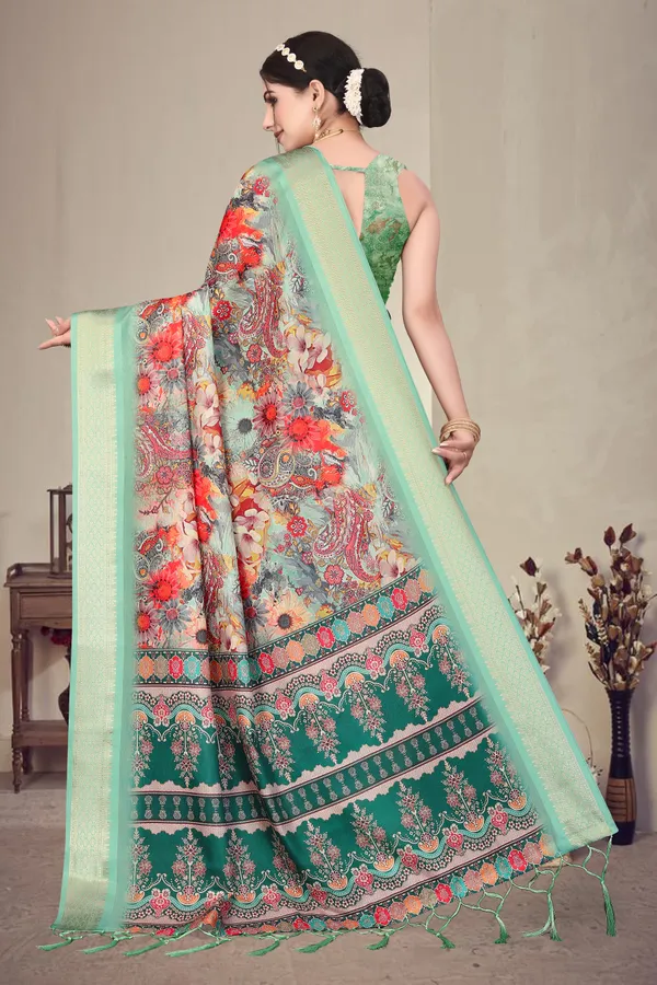 Mint_Green_Cotton_Silk_Digital_Print_&_Jacquard_Border_With_Fancy_Latkan_Saree_For_Women