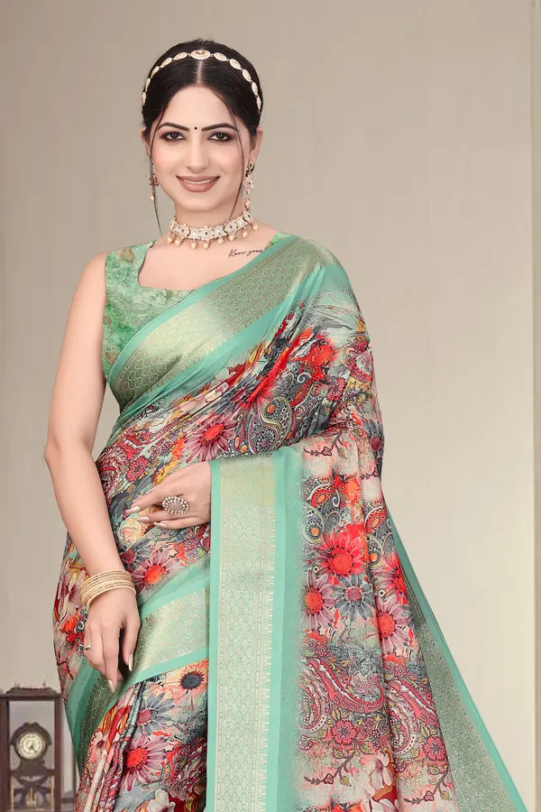 Mint_Green_Cotton_Silk_Digital_Print_&_Jacquard_Border_With_Fancy_Latkan_Saree_For_Women