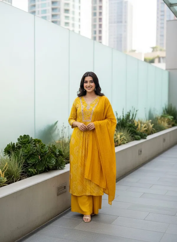 Yellow_Muslin_Fabric_Sunlit_Festive_3_Piece_Kurta_Pant_Set_For_Women
