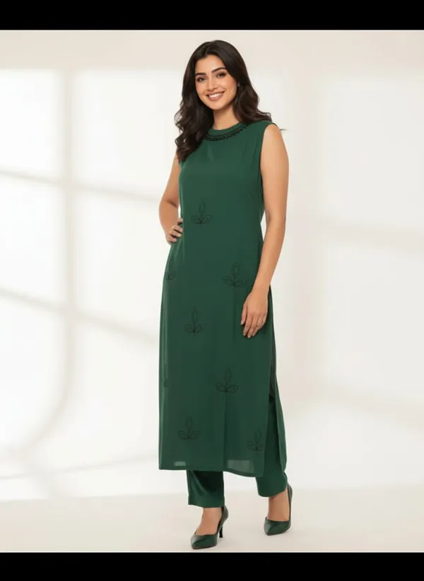 Forest_Green_Rayon_Fabric_Embroidered_Straight_Kurta_With_Pants_For_Women
