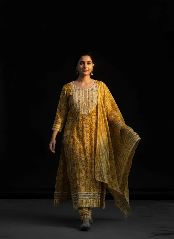 Mustard_Yellow_Ajrakh_Print_Cotton_Kurta_Pant_Set_For_Women