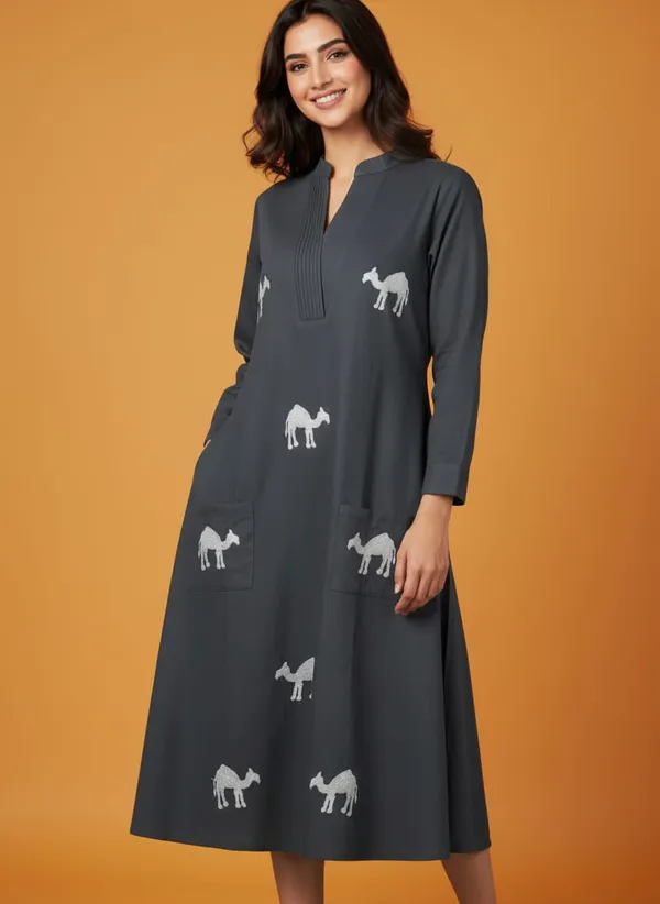 Grey_Camel_Pure_Cotton_Kurti_Pant_Set_For_Women