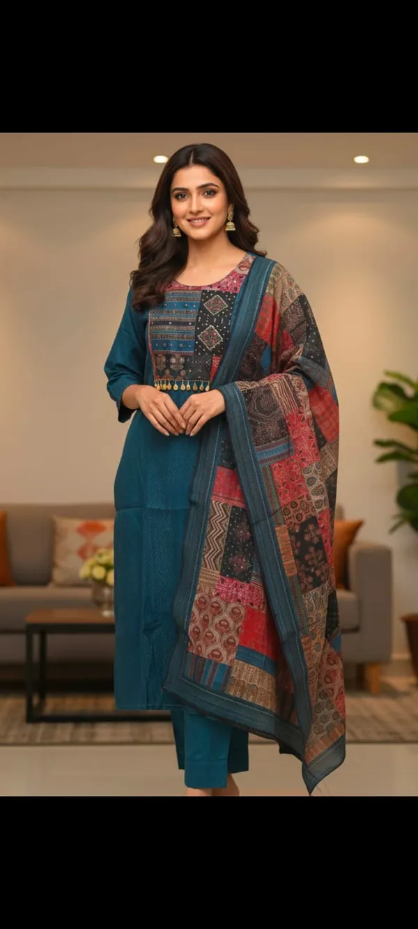 Teal_Blue_Muslin_Regal_Patchwork_Suit_Set_For_Women
