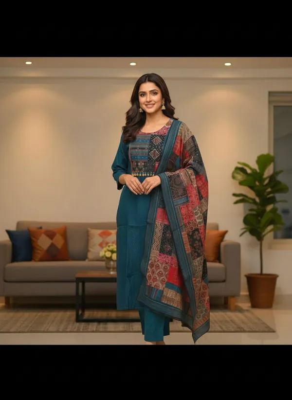 Teal_Blue_Muslin_Regal_Patchwork_Suit_Set_For_Women
