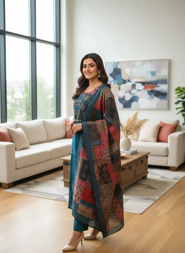 Teal_Blue_Muslin_Regal_Patchwork_Suit_Set_For_Women