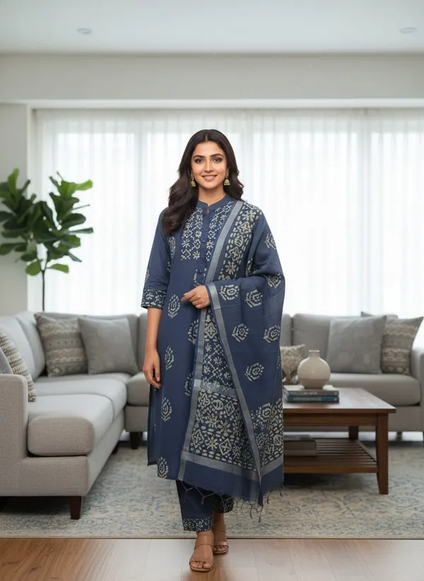 Bhagalpuri_Print_Teal_Ethnic_Kurta_Set_in_Cotton_Fabric