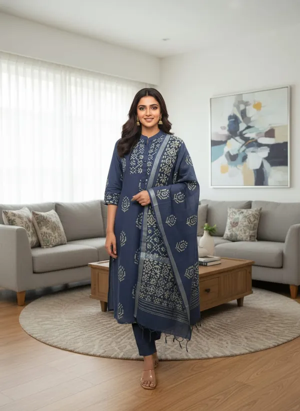 Bhagalpuri_Print_Teal_Ethnic_Kurta_Set_in_Cotton_Fabric