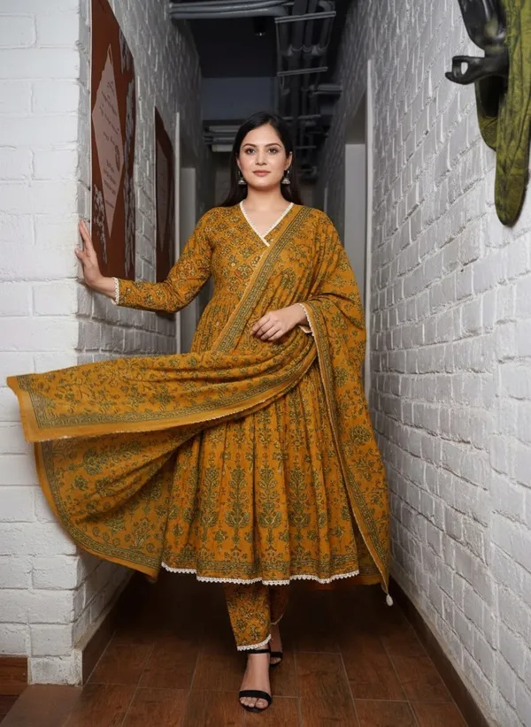 Mustard_Yellow_Antique_Jaipuri_Angrakha_Anarkali_Pure_Cotton_Set_For_Women