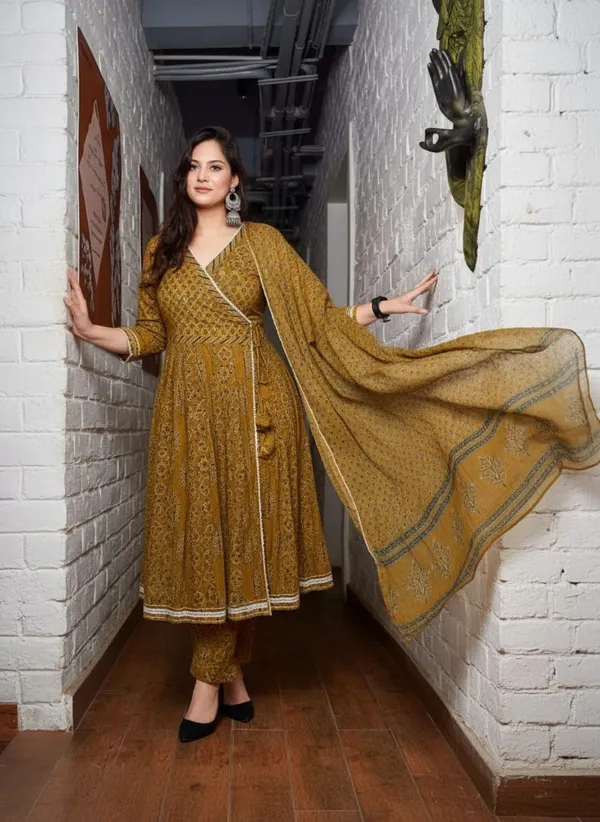 Mustard_Yellow_Antique_Jaipuri_Angrakha_Anarkali_Pure_Cotton_Set_For_Women