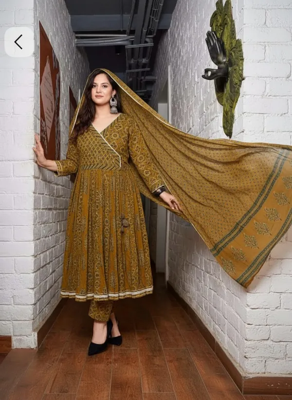 Mustard_Yellow_Antique_Jaipuri_Angrakha_Anarkali_Pure_Cotton_Set_For_Women