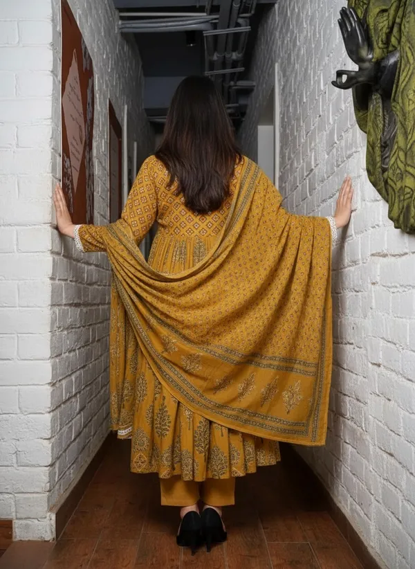 Mustard_Yellow_Antique_Jaipuri_Angrakha_Anarkali_Pure_Cotton_Set_For_Women