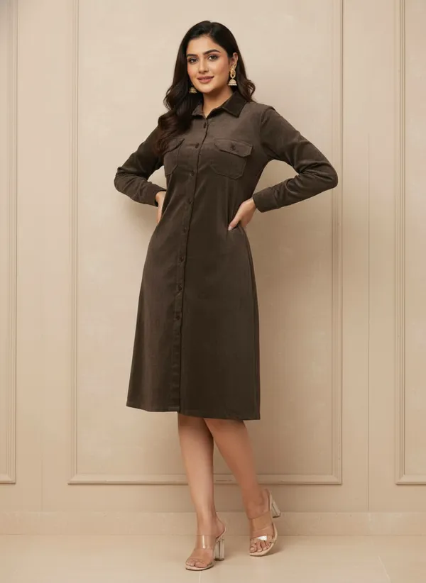 Chic_olive-brown_shirt_dress_with_Classic_collar