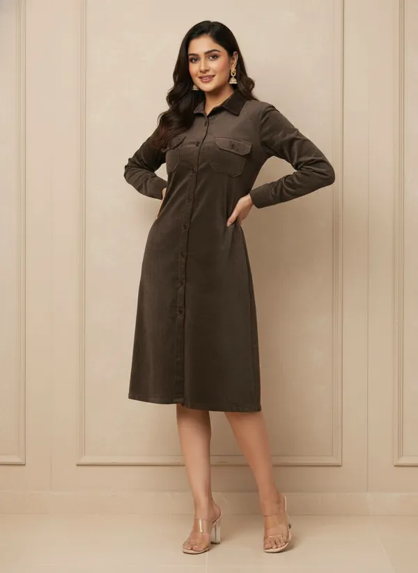 Chic_olive-brown_shirt_dress_with_Classic_collar