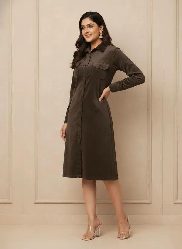Chic_olive-brown_shirt_dress_with_Classic_collar