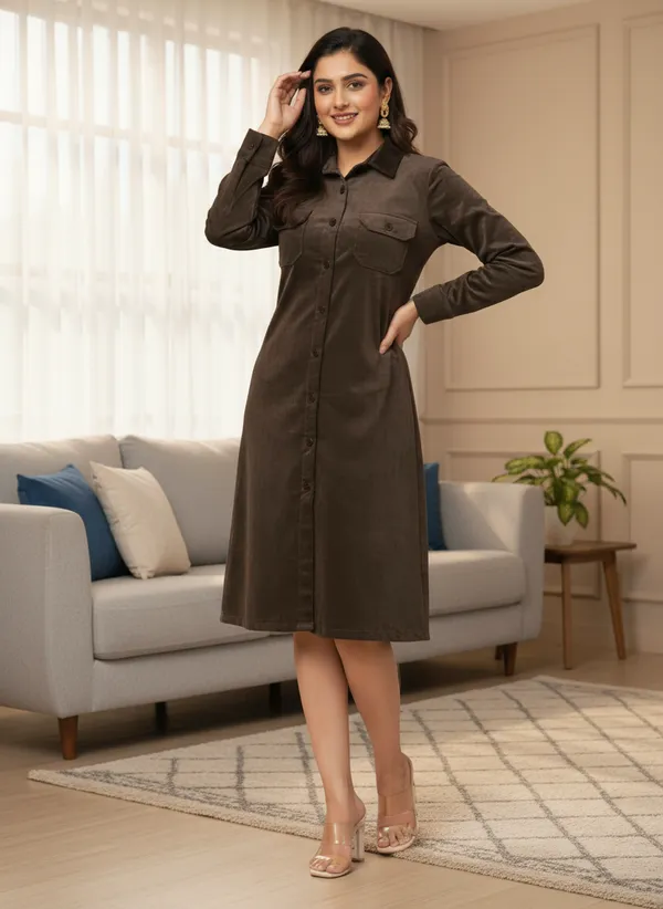 Chic_olive-brown_shirt_dress_with_Classic_collar