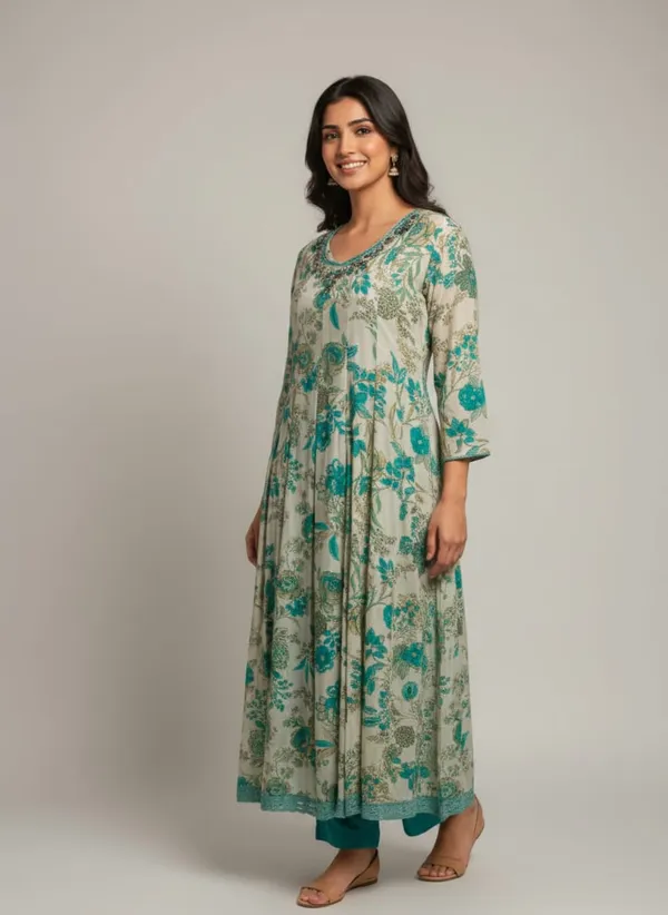 Cream_And_Teal_Rayon_Fabric_Blossom_Printed_Anarkali_3_Piece_Kurta_Set_For_Women