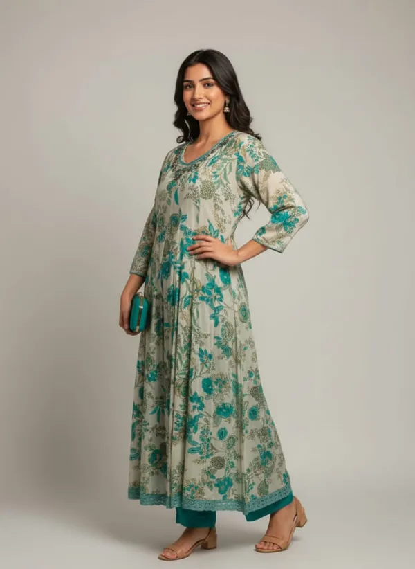 Cream_And_Teal_Rayon_Fabric_Blossom_Printed_Anarkali_3_Piece_Kurta_Set_For_Women