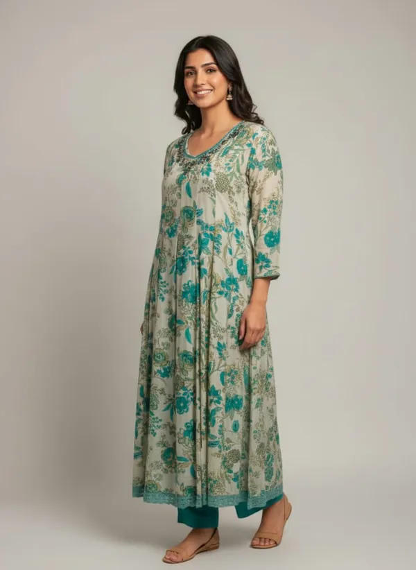 Cream_And_Teal_Rayon_Fabric_Blossom_Printed_Anarkali_3_Piece_Kurta_Set_For_Women