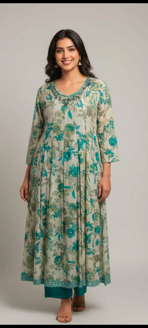 Cream_And_Teal_Rayon_Fabric_Blossom_Printed_Anarkali_3_Piece_Kurta_Set_For_Women