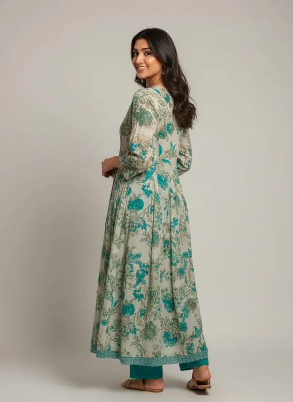 Cream_And_Teal_Rayon_Fabric_Blossom_Printed_Anarkali_3_Piece_Kurta_Set_For_Women