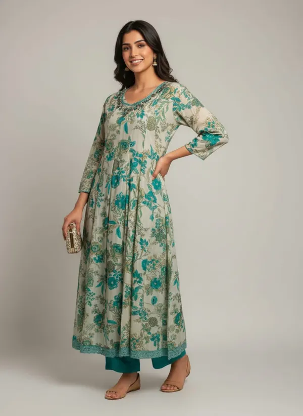 Cream_And_Teal_Rayon_Fabric_Blossom_Printed_Anarkali_3_Piece_Kurta_Set_For_Women