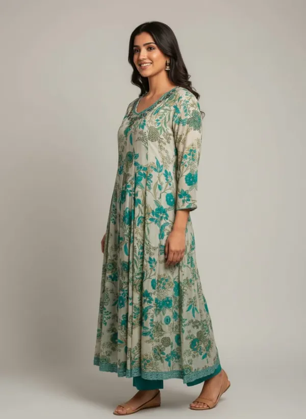 Cream_And_Teal_Rayon_Fabric_Blossom_Printed_Anarkali_3_Piece_Kurta_Set_For_Women