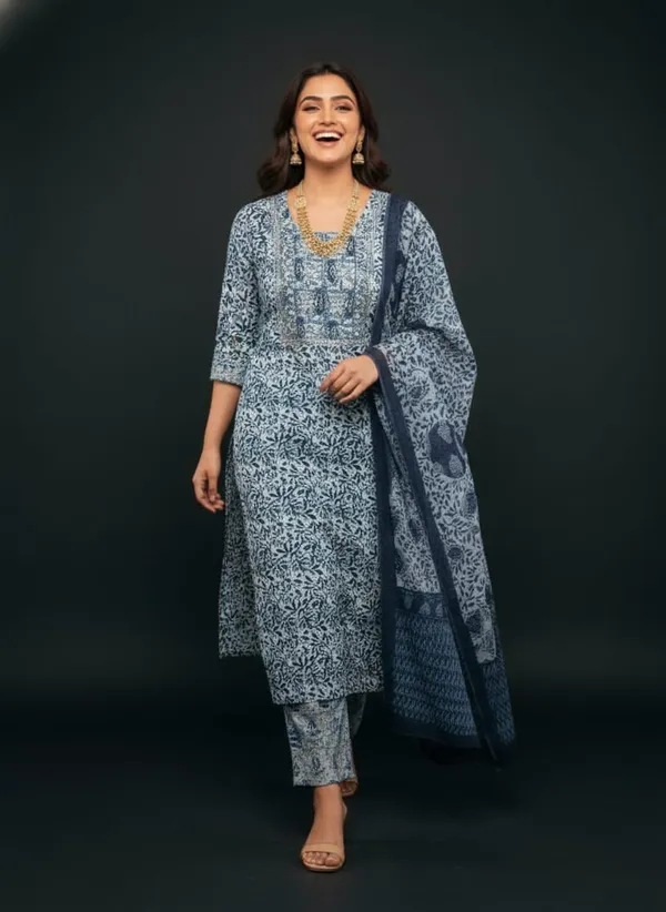 Blue_Elegant_Cotton_Block_Printed_Suit_Set_For_Women