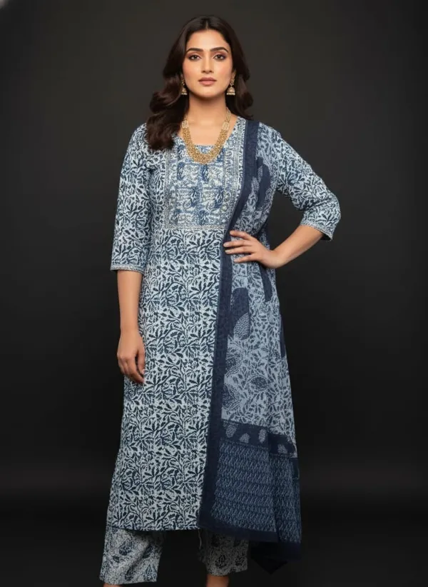Blue_Elegant_Cotton_Block_Printed_Suit_Set_For_Women