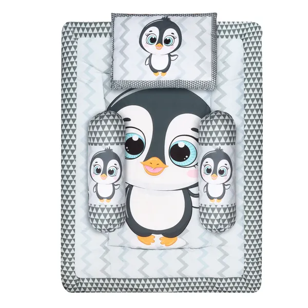 Grey_3_Pillows_&_Penguine_Print_Cotton_Baby_Bed_for_0-1_Year_BB108