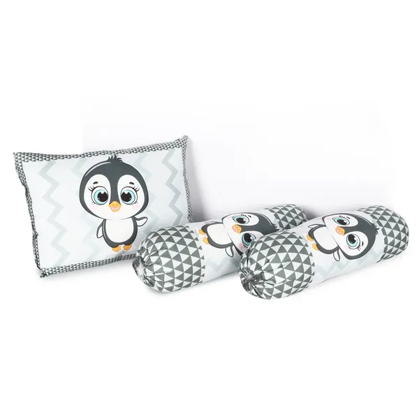 Grey_3_Pillows_&_Penguine_Print_Cotton_Baby_Bed_for_0-1_Year_BB108