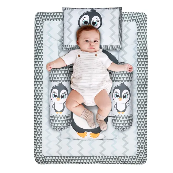 Grey_3_Pillows_&_Penguine_Print_Cotton_Baby_Bed_for_0-1_Year_BB108