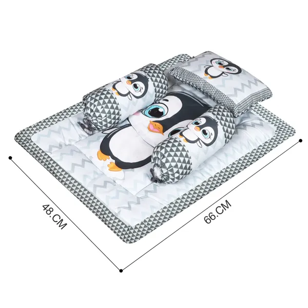 Grey_3_Pillows_&_Penguine_Print_Cotton_Baby_Bed_for_0-1_Year_BB108