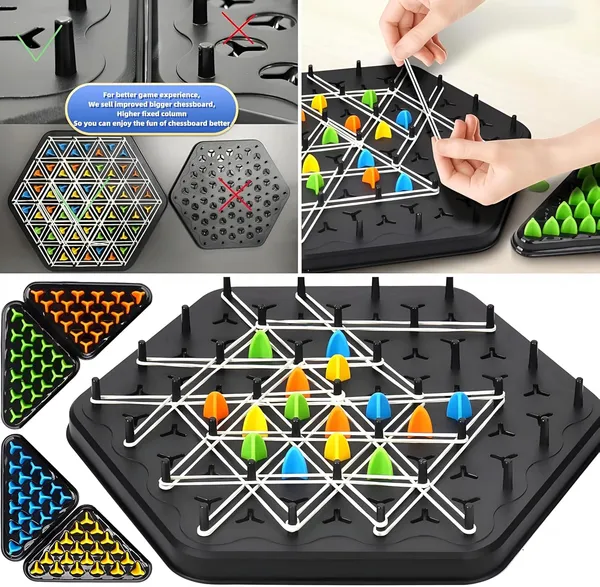 Chain_Triangle_Chess_Board_Game_-_Triggle_Rubber_Band_Game_with_50_Rubbers,_Triangular_Triangles_Pegs_&_Hexagonal_Game_Board_for_Kids_&_Family