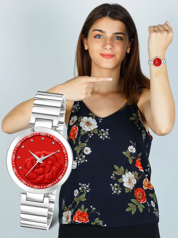 New_Trending_Red-Silver_Round_Braclet_3D_Flower_LR317
